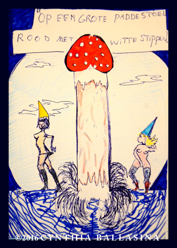 Op een grote paddenstoel... (2016) pen & crayon on paper